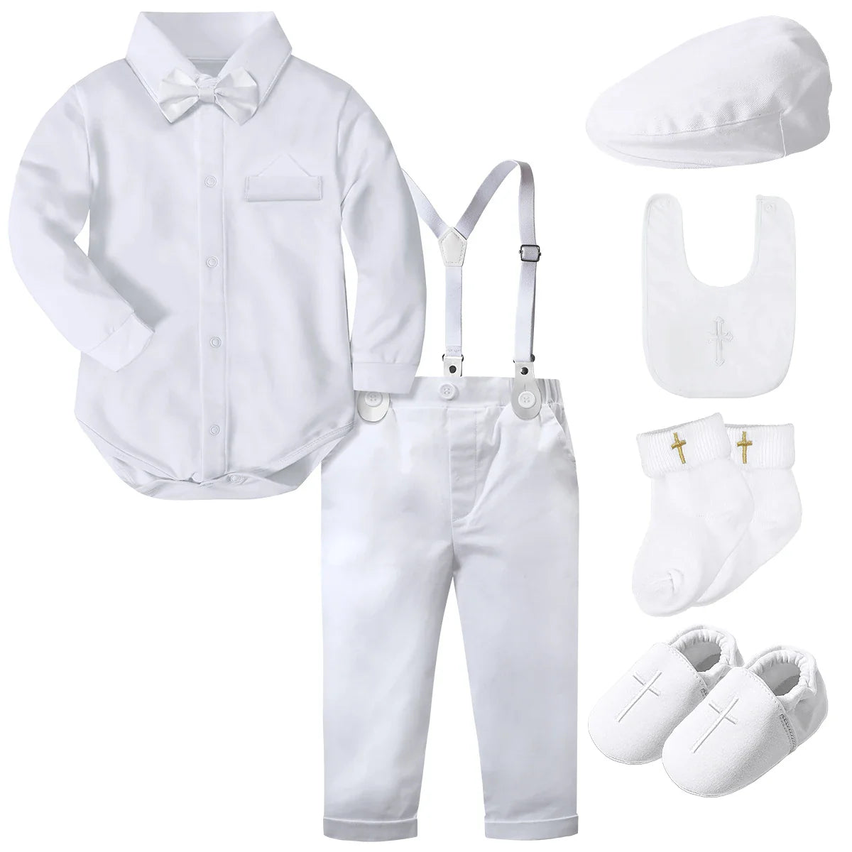 Conjunto Batizado Menino – Look Social com Suspensório e Gravata Borboleta