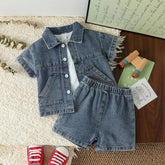Conjunto Infantil Camisa Jeans e Shorts Modelo Denim Lenogue