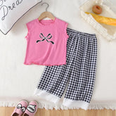 Conjunto Infantil Regata Estampada Laço Calça Xadrez Renda Lenogue
