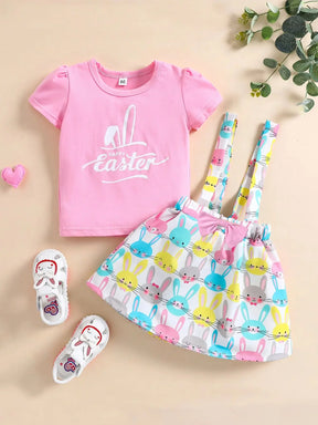 Conjunto Infantil “Coelhinha Feliz” – Camiseta + Saia Estampada