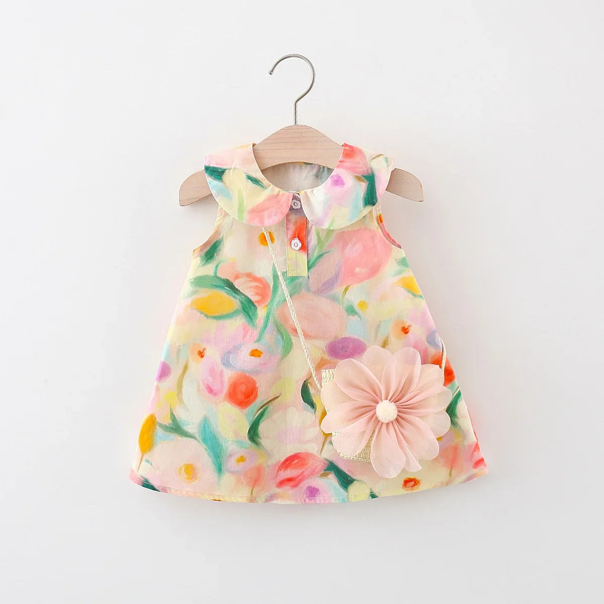 Conjunto Verão 2 Peças para Bebê Menina – Vestido de Algodão com Gola Boneca e Bolsa Transversal de Flor Grande