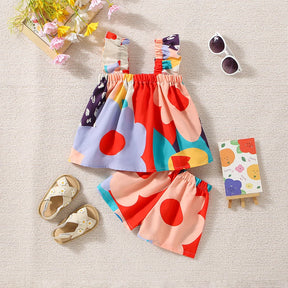 Conjunto Verão Infantil “Arte Colorida” – Blusa com Mangas Voadores + Shorts Estampados