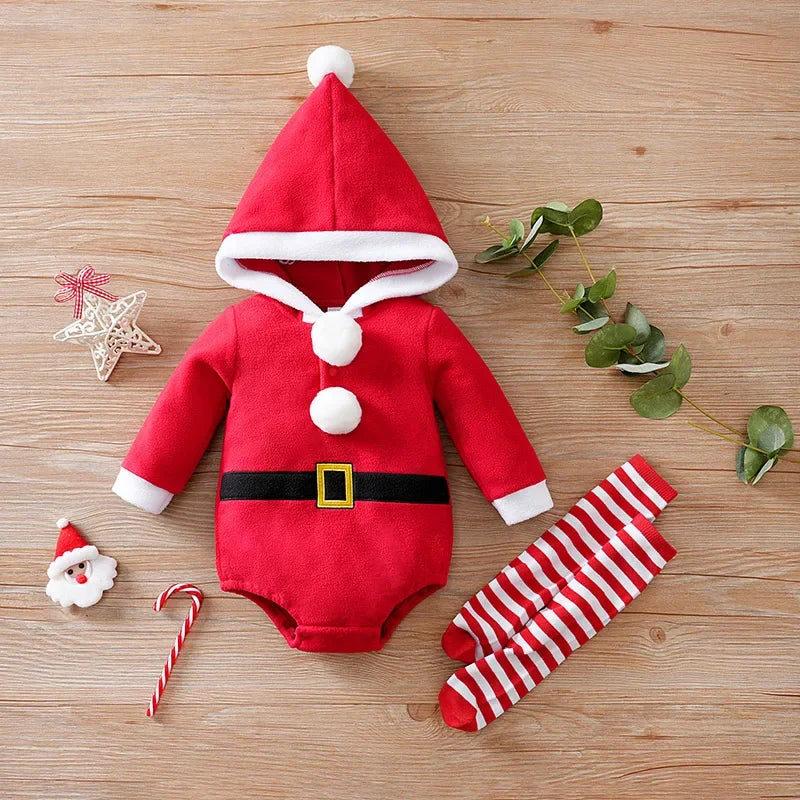 Body Infantil de Poliéster Manga Longa Papai Noel com Meias Lenogue