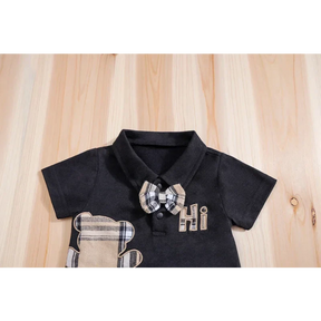 Conjunto Infantil Body Xadrez com Suspensório Modelo Urso Lenogue