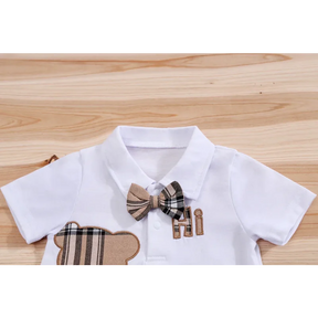 Conjunto Infantil Body Xadrez com Suspensório Modelo Urso Lenogue