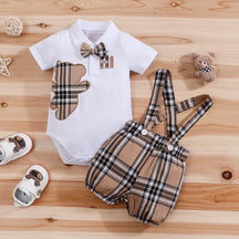 Conjunto Infantil Body Xadrez com Suspensório Modelo Urso Lenogue