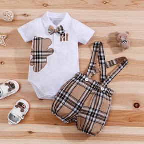 Conjunto Infantil Body Xadrez com Suspensório Modelo Urso Lenogue