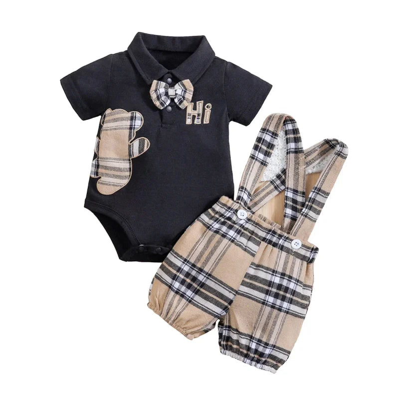 Conjunto Infantil Body Xadrez com Suspensório Modelo Urso Lenogue