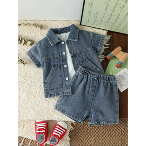 Conjunto Infantil Camisa Jeans e Shorts Modelo Denim Lenogue
