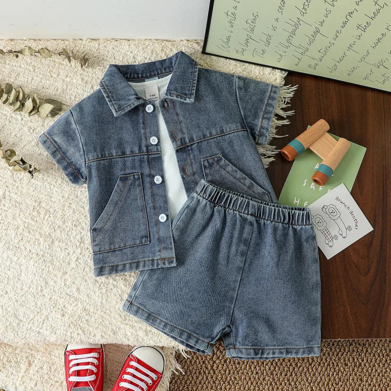 Conjunto Infantil Camisa Jeans e Shorts Modelo Denim Lenogue