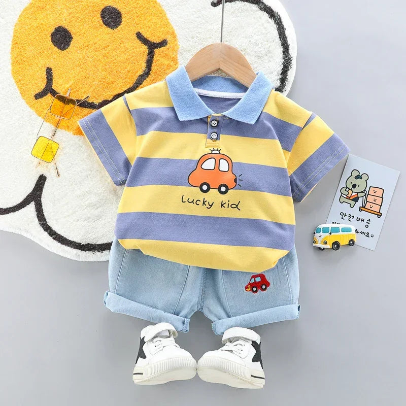 Conjunto Infantil Camisa Polo com Shorts Jeans de Verão Lenogue