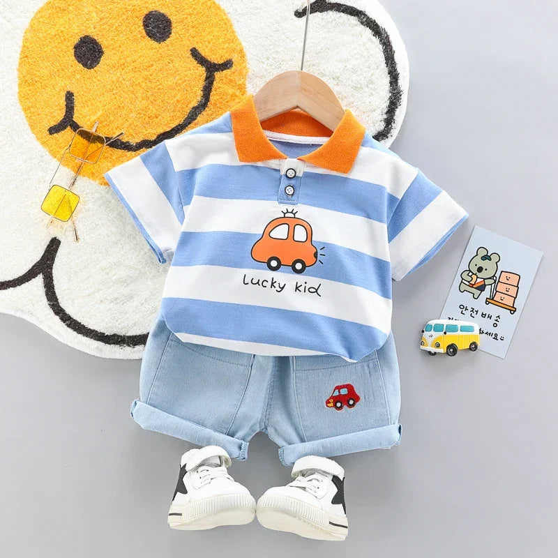 Conjunto Infantil Camisa Polo com Shorts Jeans de Verão Lenogue