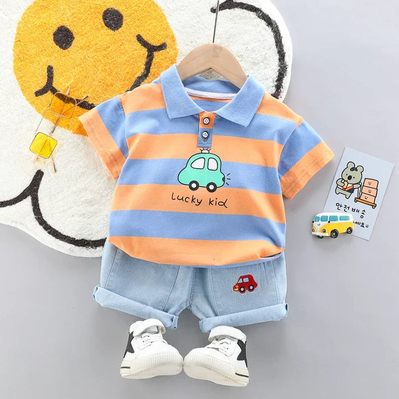 Conjunto Infantil Camisa Polo com Shorts Jeans de Verão Lenogue
