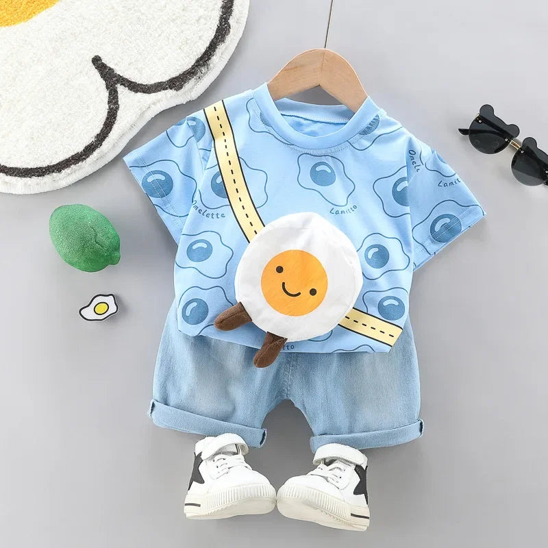 Conjunto Infantil Camiseta com Bolsa e Shorts Modelo Cartoon Lenogue