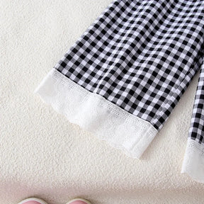 Conjunto Infantil Regata Estampada Laço Calça Xadrez Renda Lenogue