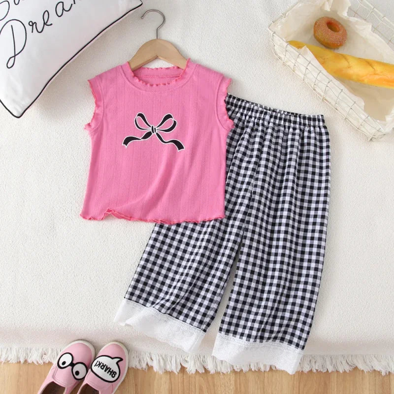 Conjunto Infantil Regata Estampada Laço Calça Xadrez Renda Lenogue