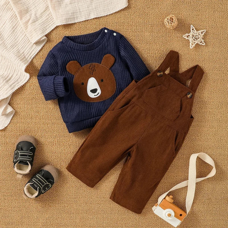 Conjunto Infantil Suéter Urso e Calça Suspensório Inverno Lenogue