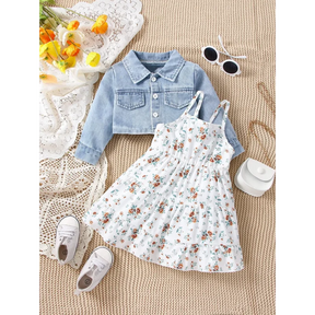 Conjunto Infantil Vestido Floral com Jaqueta Jeans Manga Longa Lenogue