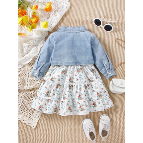 Conjunto Infantil Vestido Floral com Jaqueta Jeans Manga Longa Lenogue