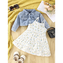Conjunto Infantil Vestido Floral com Jaqueta Jeans Manga Longa Lenogue