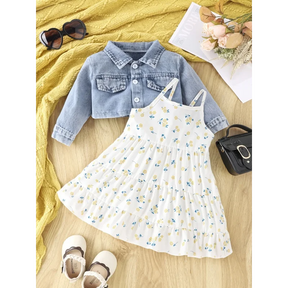 Conjunto Infantil Vestido Floral com Jaqueta Jeans Manga Longa Lenogue
