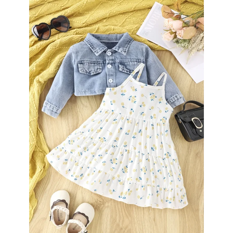 Conjunto Infantil Vestido Floral com Jaqueta Jeans Manga Longa Lenogue