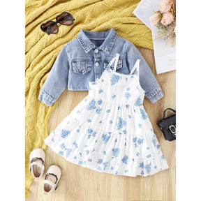 Conjunto Infantil Vestido Floral com Jaqueta Jeans Manga Longa Lenogue