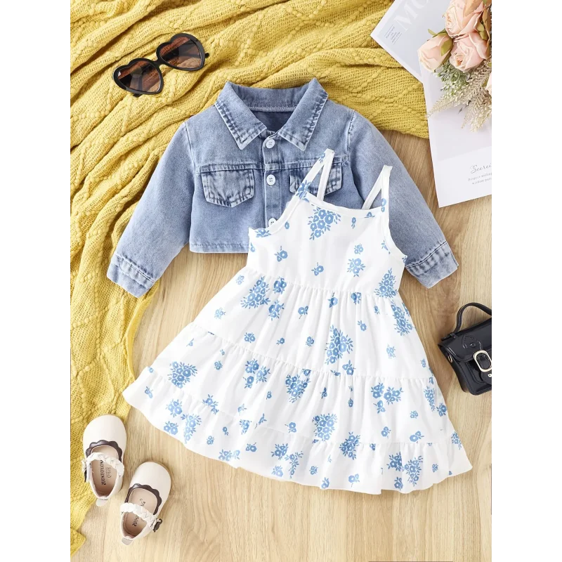 Conjunto Infantil Vestido Floral com Jaqueta Jeans Manga Longa Lenogue