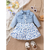 Conjunto Infantil Vestido Floral com Jaqueta Jeans Manga Longa Lenogue