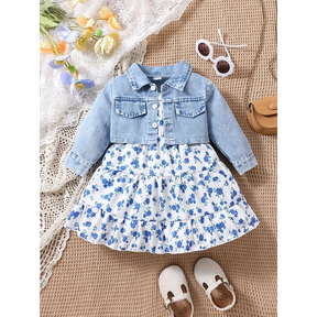 Conjunto Infantil Vestido Floral com Jaqueta Jeans Manga Longa Lenogue