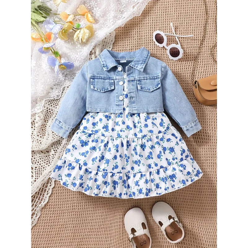 Conjunto Infantil Vestido Floral com Jaqueta Jeans Manga Longa Lenogue
