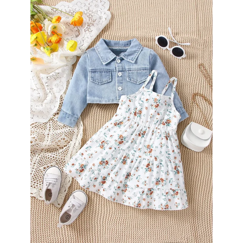 Conjunto Infantil Vestido Floral com Jaqueta Jeans Manga Longa Lenogue