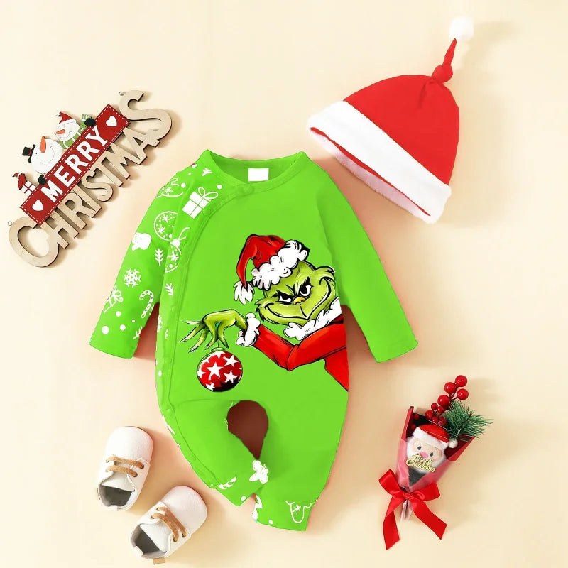 Macacão Infantil Algodão Manga Longa Primeiro Natal com Gorro Lenogue