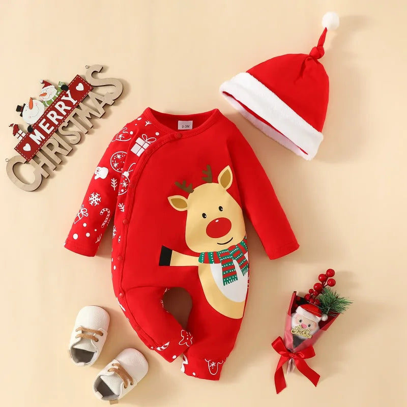 Macacão Infantil Algodão Manga Longa Primeiro Natal com Gorro Lenogue