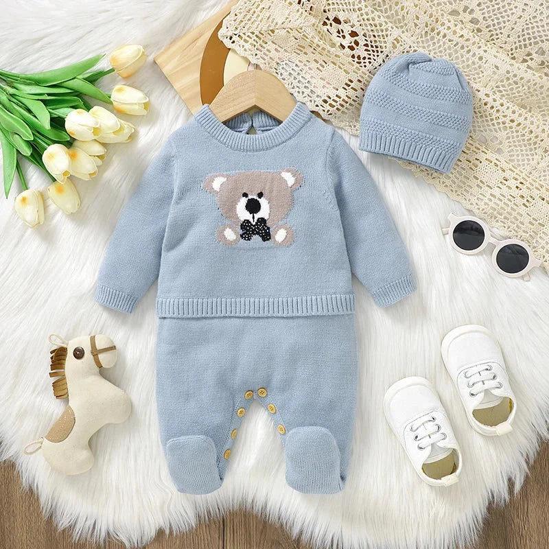 Macacão Infantil Tricot com Gorro e Pé Fechado Azul Lenogue