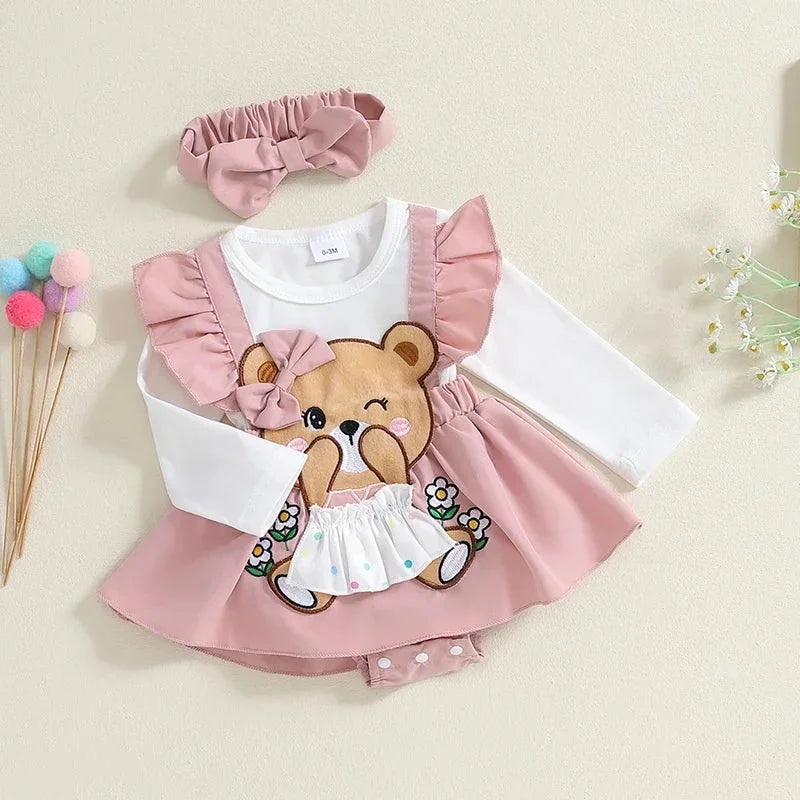 Macacão Infantil Urso Bordado para Outono Inverno Lenogue