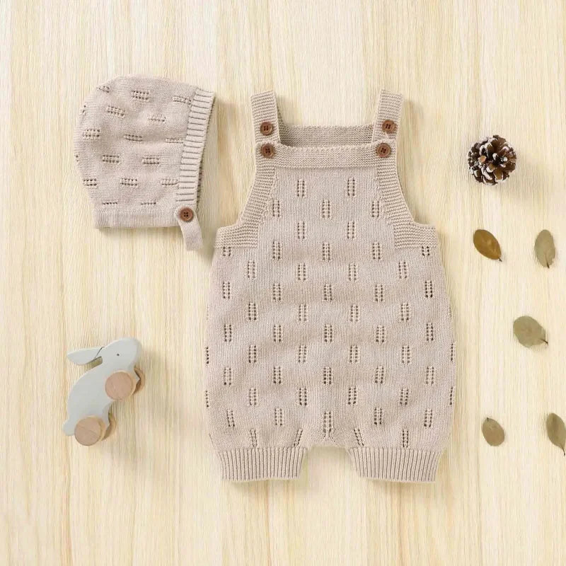 Macacão Romper Infantil Tricot com Gorro Bege Lenogue