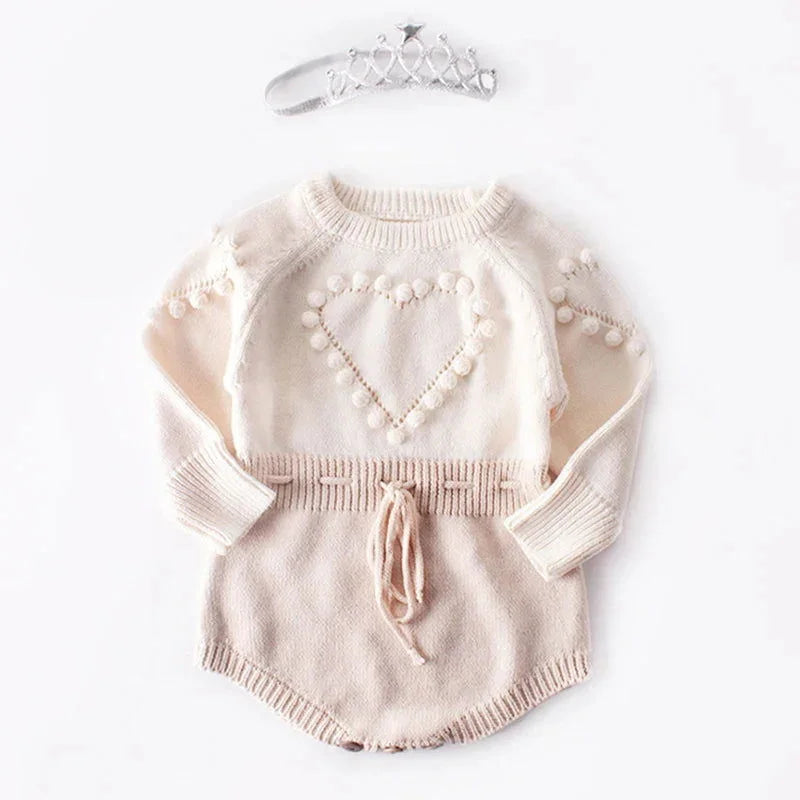 Macacão Romper Infantil Tricot Coração Rosa Lenogue